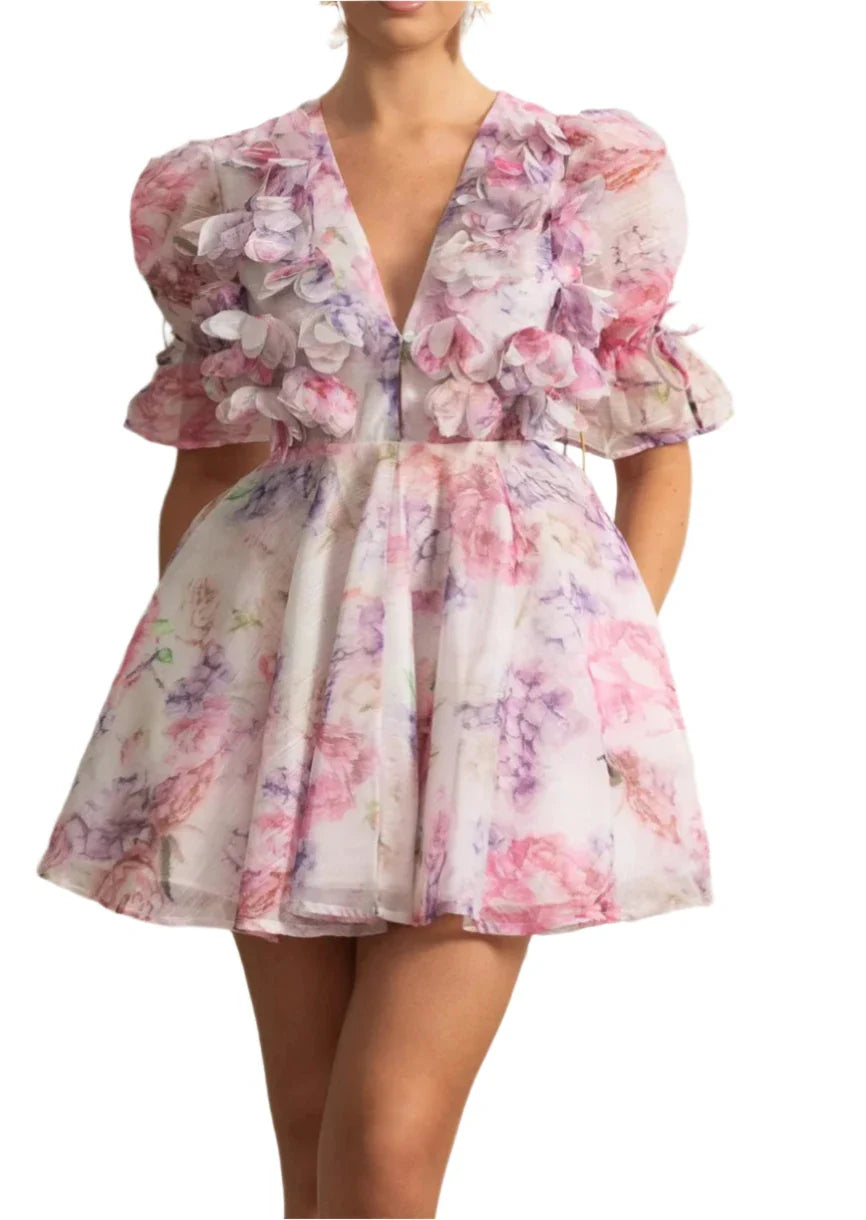 IRISA 3D FLORAL APPLIQUÉ PUFF SLEEVE MINI DRESS