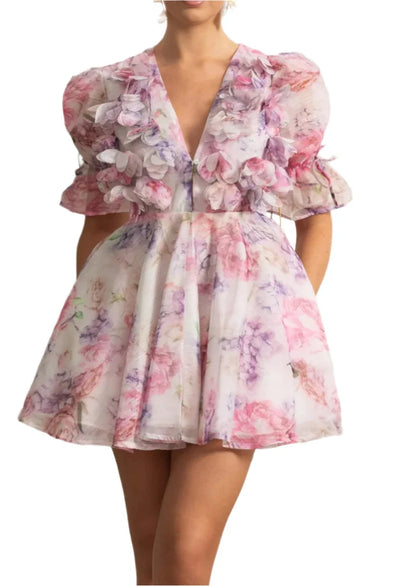 IRISA 3D FLORAL APPLIQUÉ PUFF SLEEVE MINI DRESS