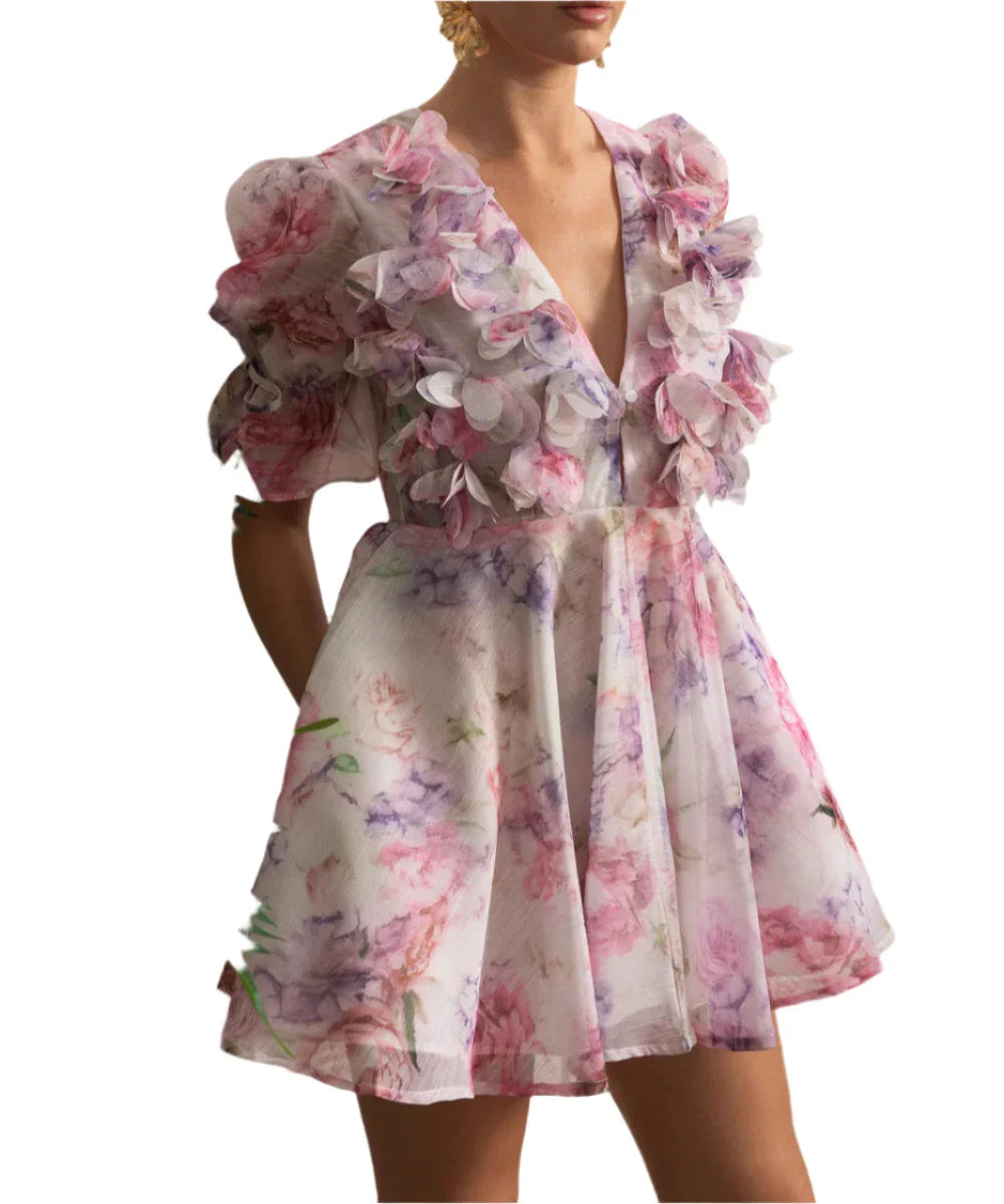 IRISA 3D FLORAL APPLIQUÉ PUFF SLEEVE MINI DRESS