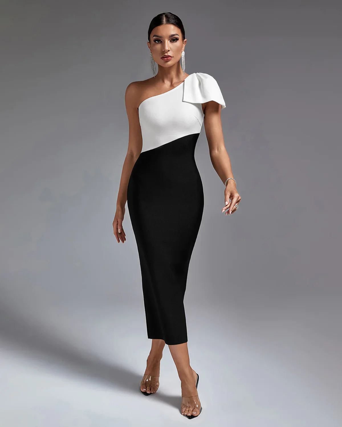 ISIS Black-White One Shoulder Bandage Dress