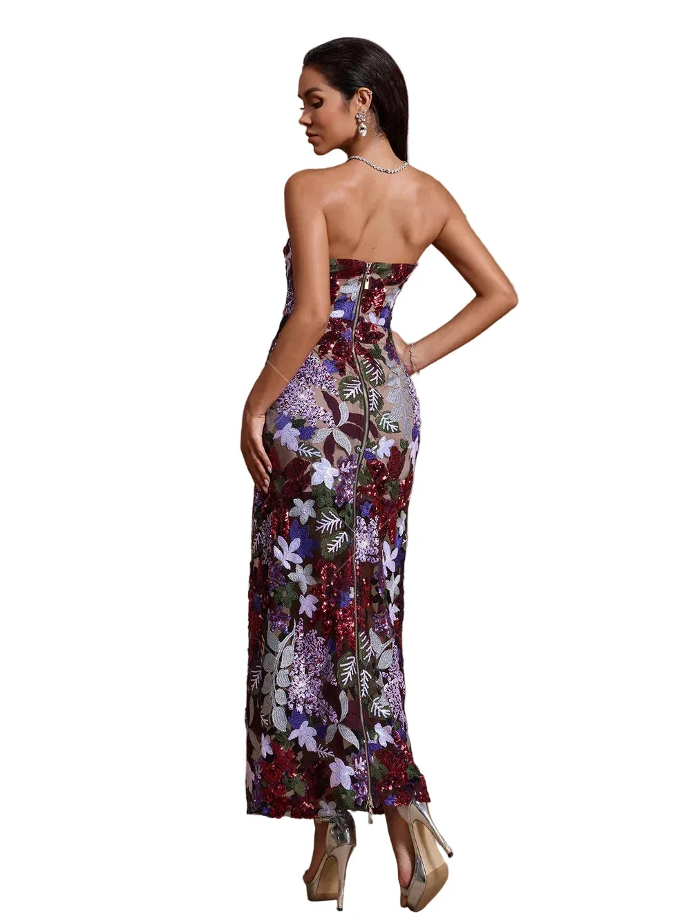 IVERNA Strapless Floral Sequin Embroidered Midi Dress