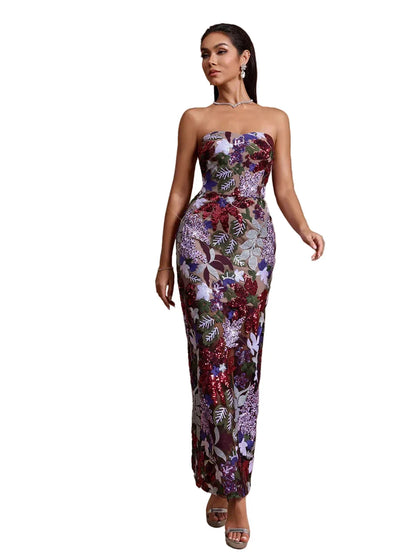 IVERNA Strapless Floral Sequin Embroidered Midi Dress