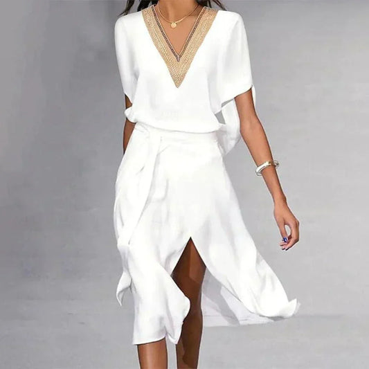 Lyra | Women's White Midi Dress V-Neck Gold Trim Short Sleeve