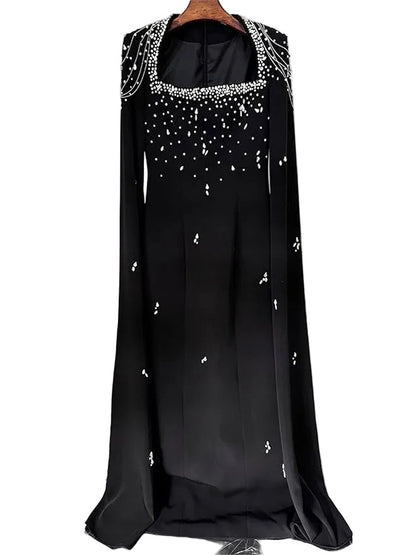 LIKIA Luxury Black Maxi Dress with Crystal Embellishments & Cape