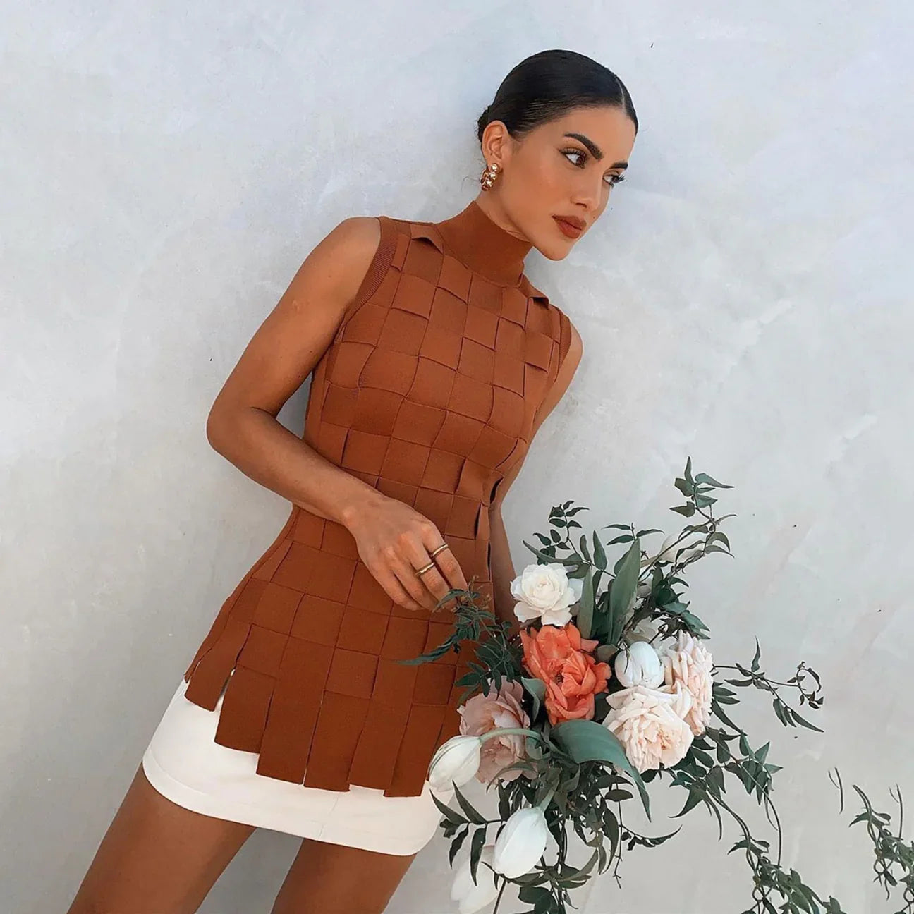NEXT DAY DELIVERY JESSA High neck Brown and white Bandage Set