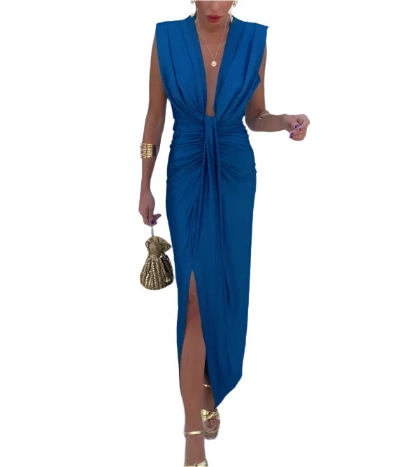 JIN Sexy V Neck Bodycon Dress BLUE