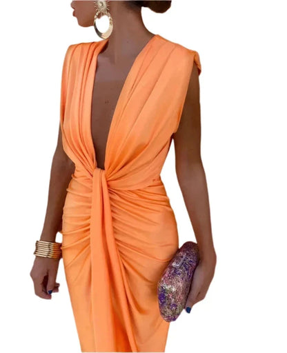 JIN Sexy V Neck Bodycon Dress APRICOT