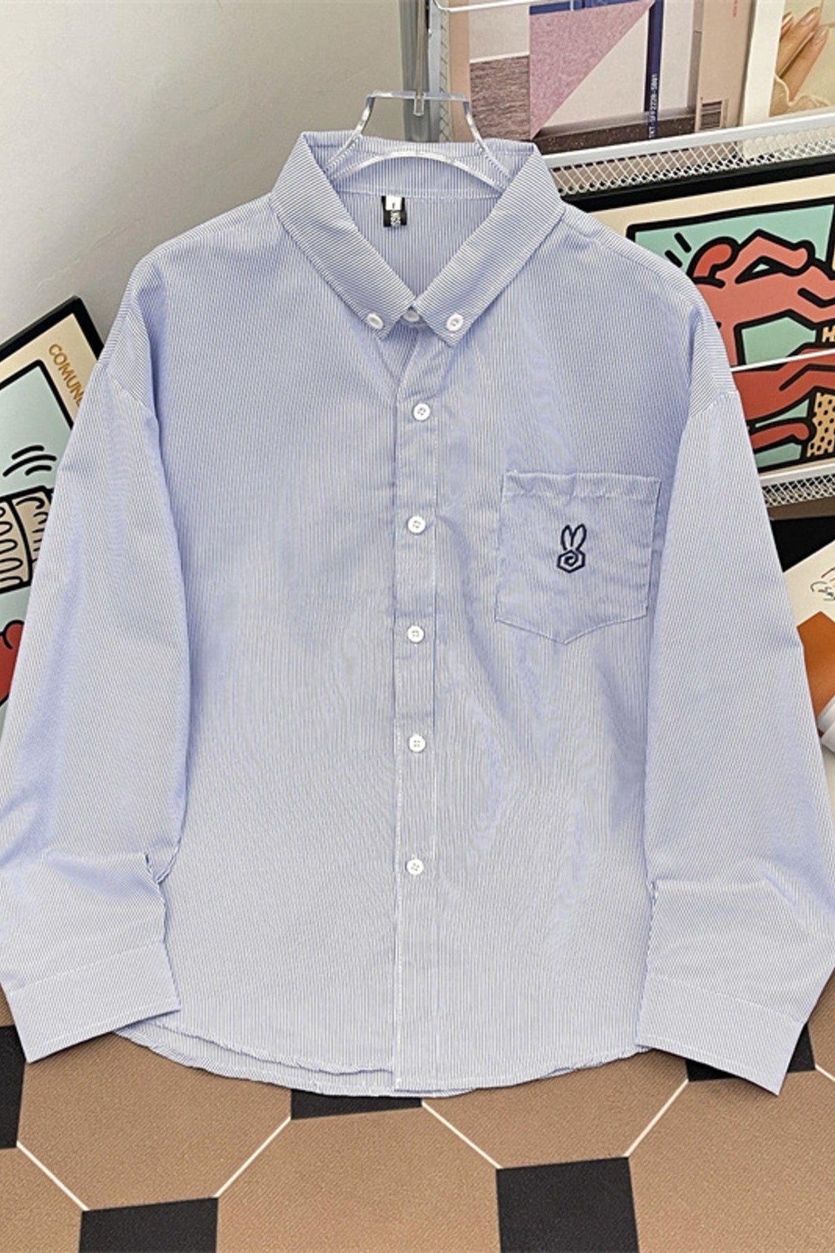 Basic Embroidered Logo Button Up Long Sleeve Shirt