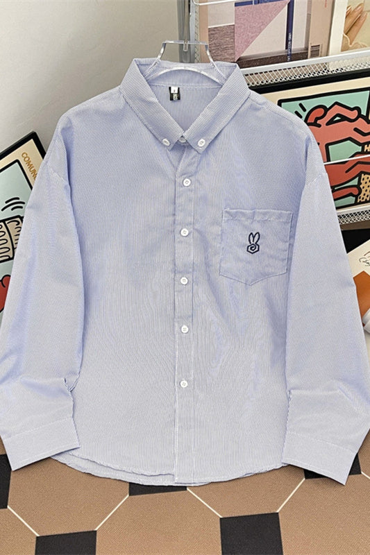 Basic Embroidered Logo Button Up Long Sleeve Shirt