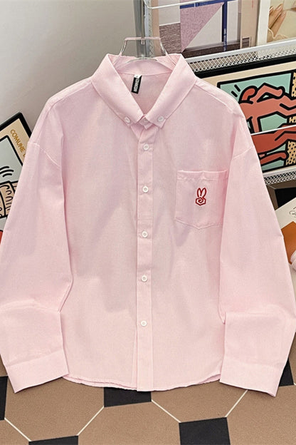 Basic Embroidered Logo Button Up Long Sleeve Shirt