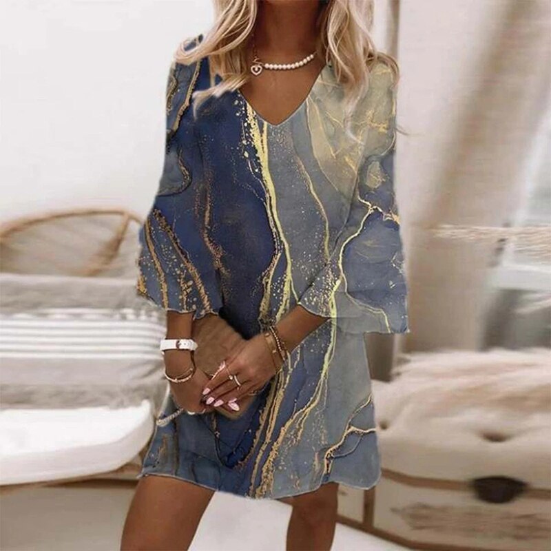 Serena | Women's V-Neck Flare Sleeve Mini Dress with Print