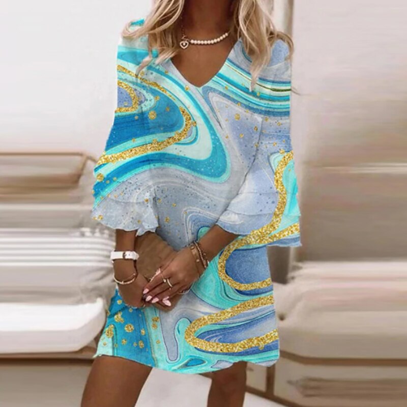 Serena | Women's V-Neck Flare Sleeve Mini Dress with Print