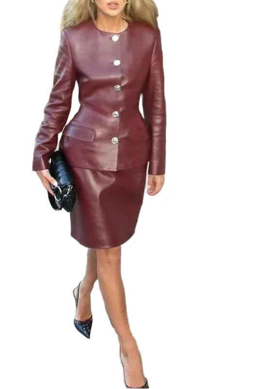 KEYLA Vegan Leather Burgundy Bodycon Set