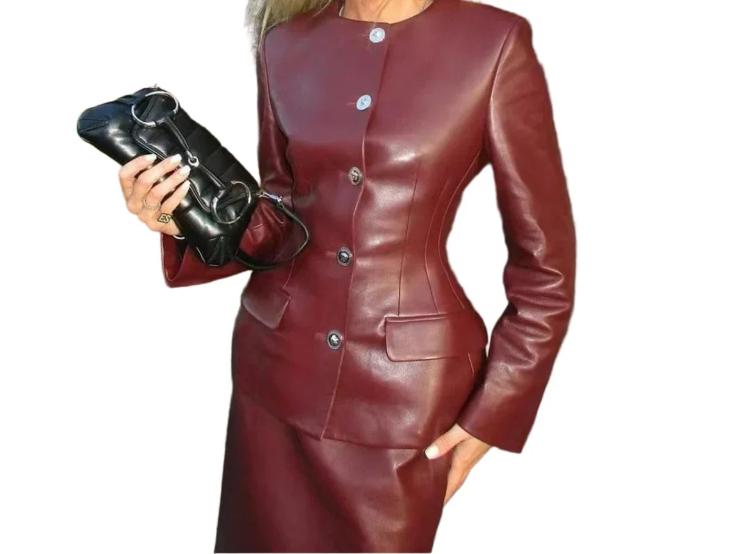 KEYLA Vegan Leather Burgundy Bodycon Set