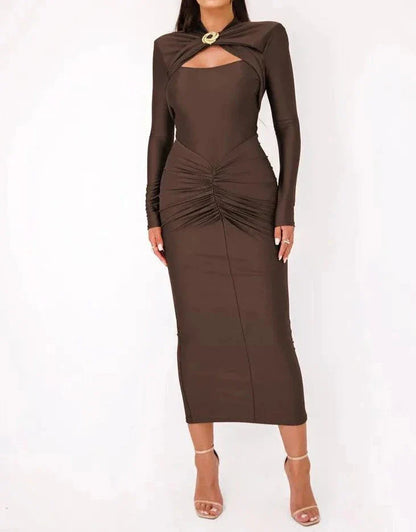 LEYNIEE Ruched Bodycon Dress BROWN