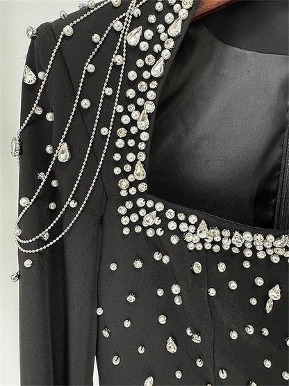 LIKIA Luxury Black Maxi Dress with Crystal Embellishments & Cape