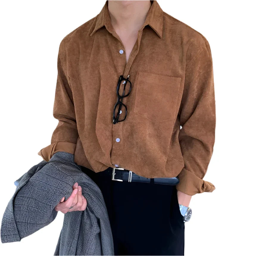 Men Suede Button Down Shirt | Long Sleeves Button Down | Corduroy Casual Loose Shirt khaki