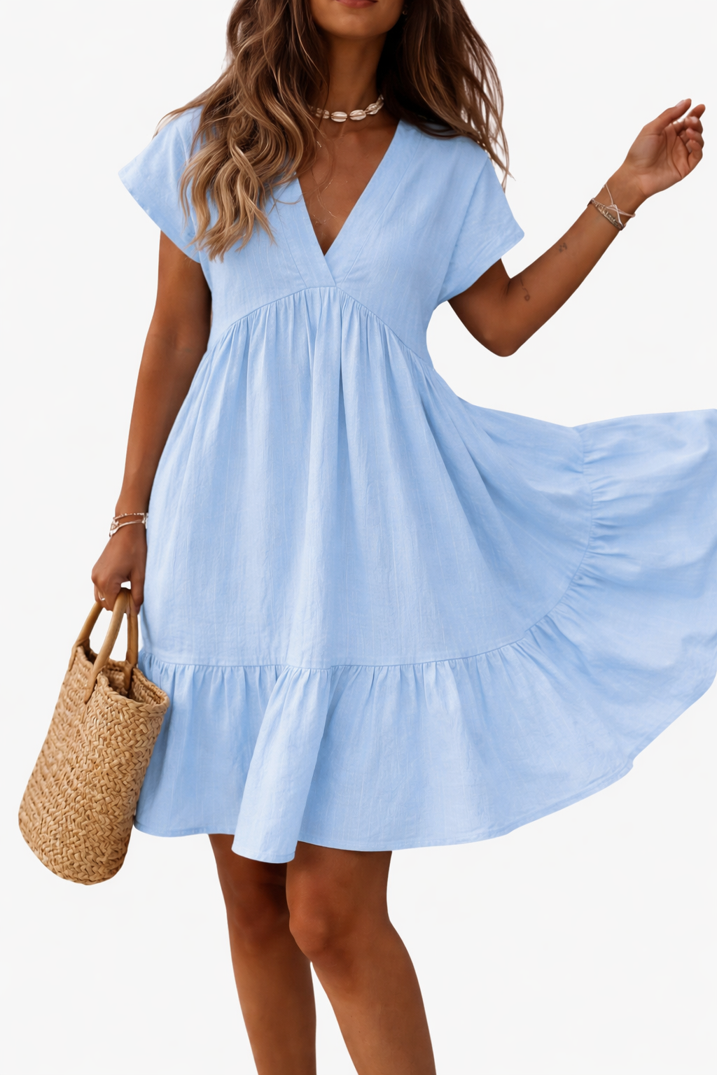 Rosie | Women's V-Neck Tiered Midi Dress with Flutter Sleeves