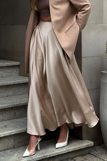 Back Elastic Waist Satin Ankle Length Skirt