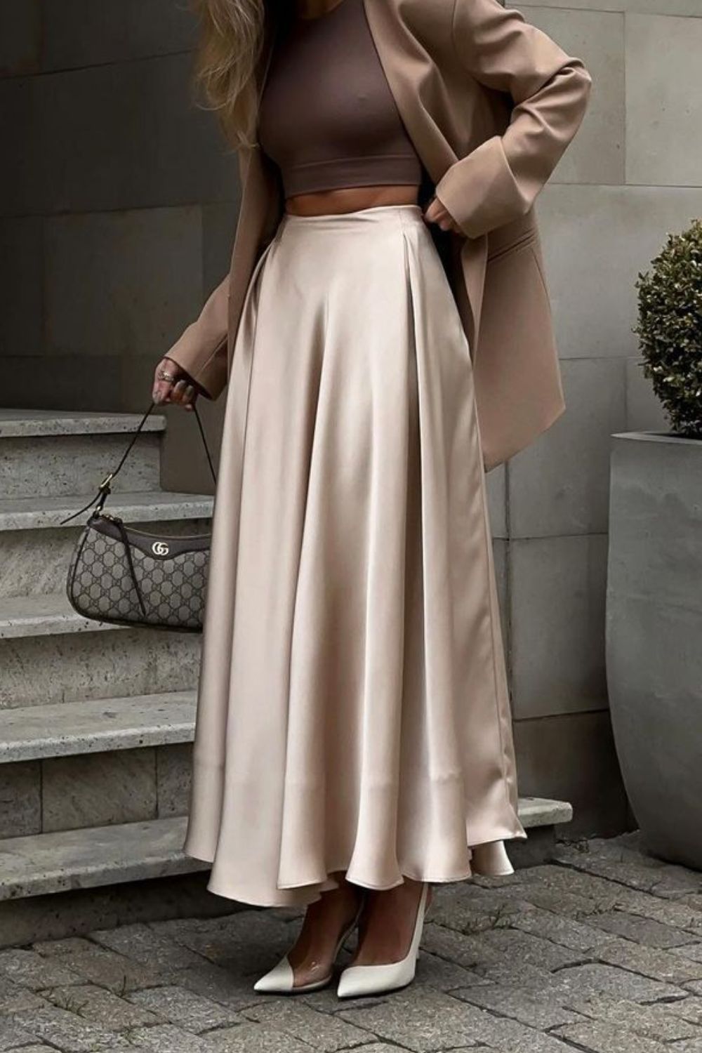 Back Elastic Waist Satin Ankle Length Skirt