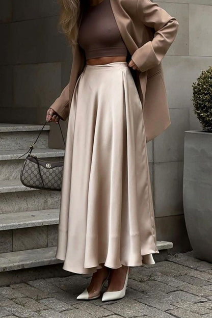 Back Elastic Waist Satin Ankle Length Skirt