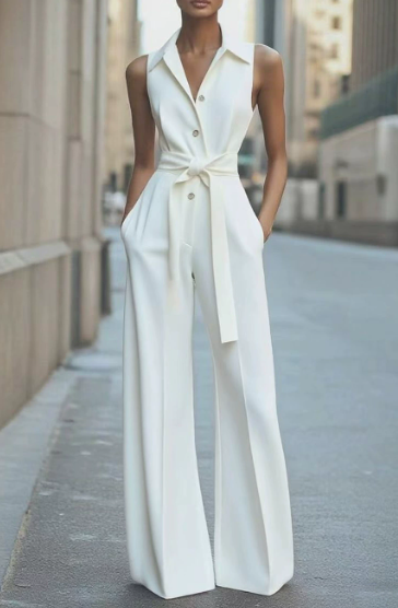 Blanc | Women's Sleeveless Wide Leg Jumpsuit Belted Formal