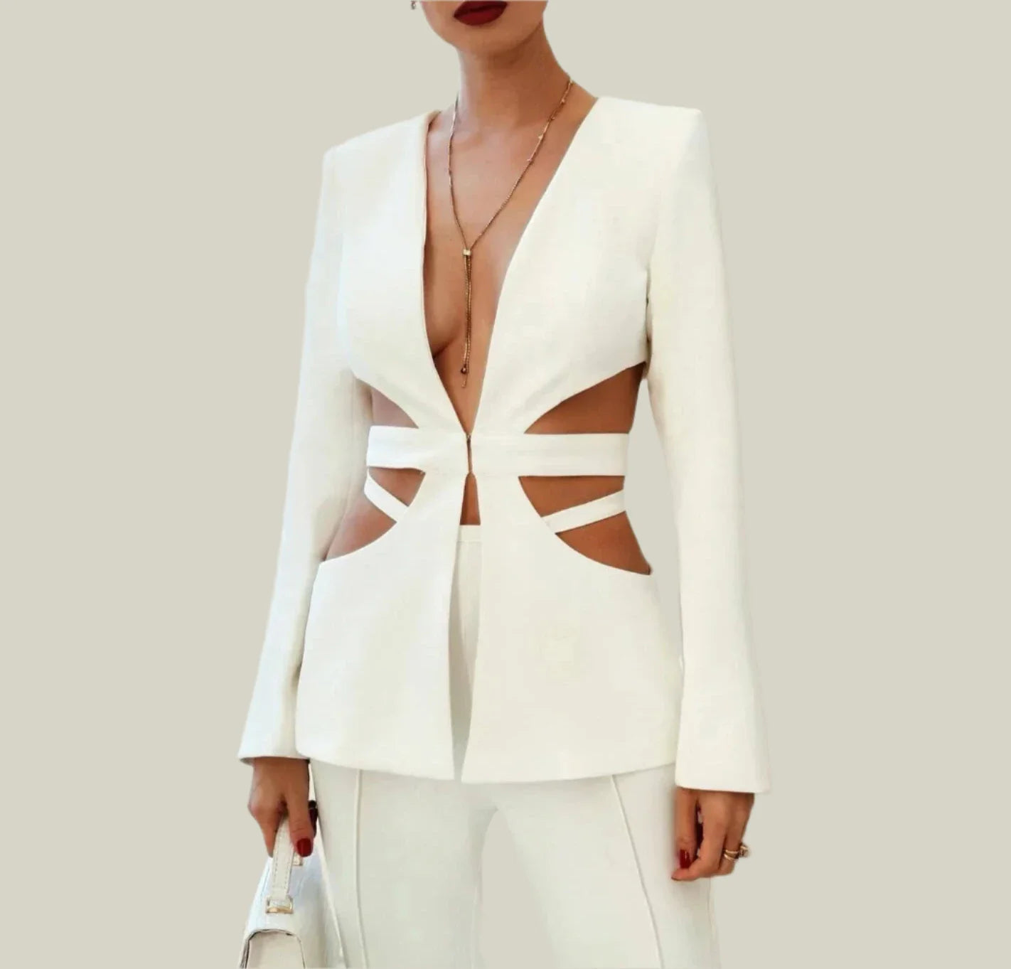 MABEL Sexy Cut Out Bodycon Suit WHITE