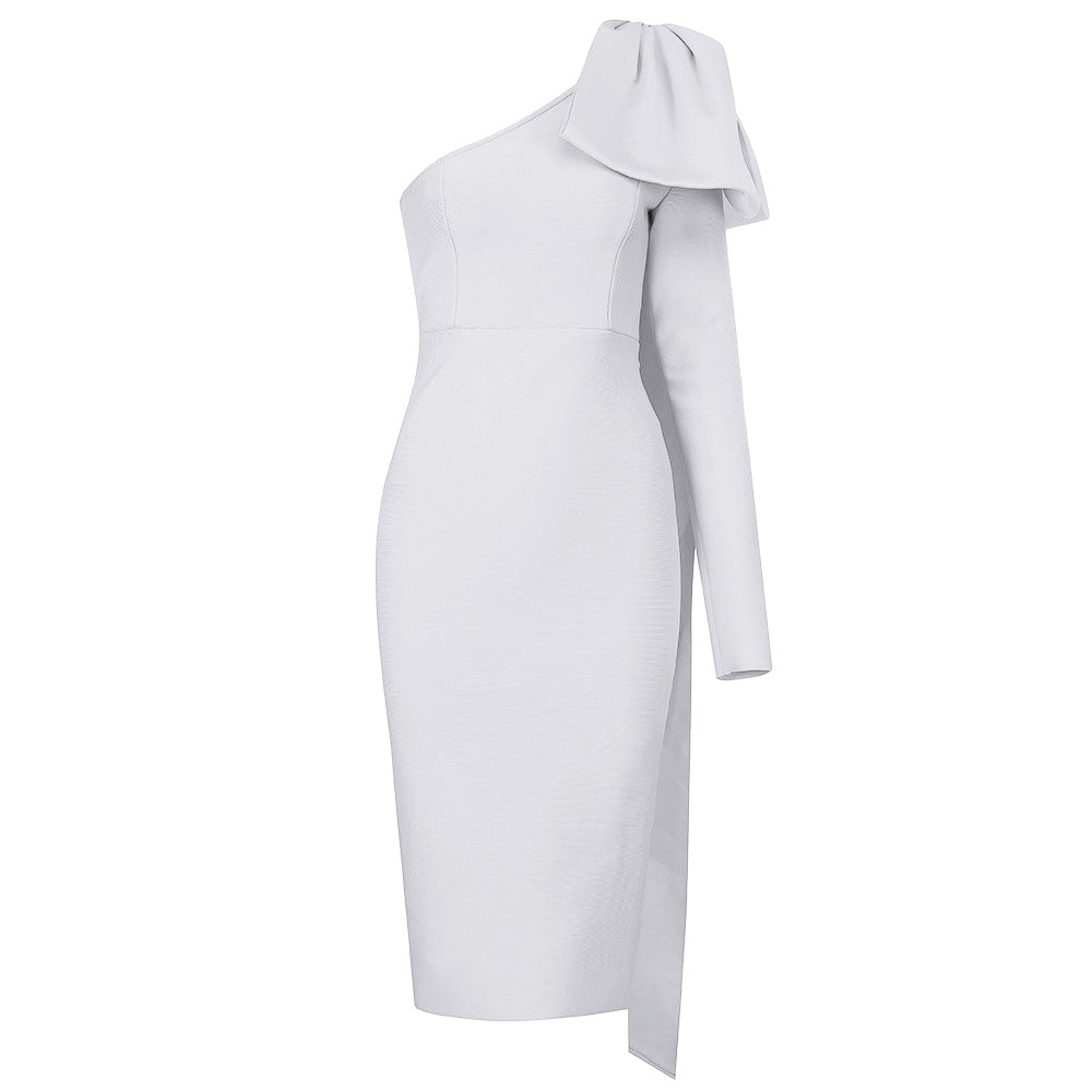 AMANDA  One Shoulder Long Sleeve Over Knee Bowknot Asymmetrical Bandage Dress