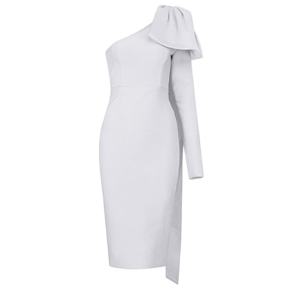 AMANDA  One Shoulder Long Sleeve Over Knee Bowknot Asymmetrical Bandage Dress