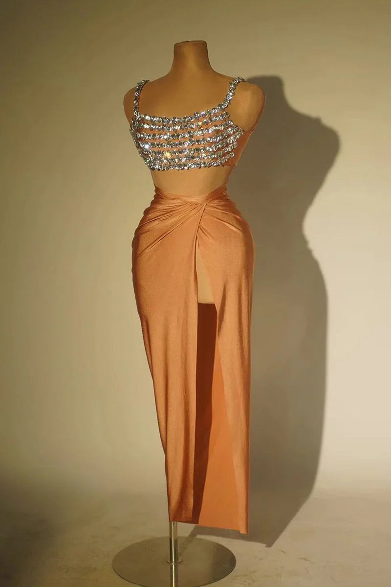MARIE CRYSTAL EMBELLISHED SEQUIN CROP TOP AND MAXI SKIRT TWO PIECE SET BROWN