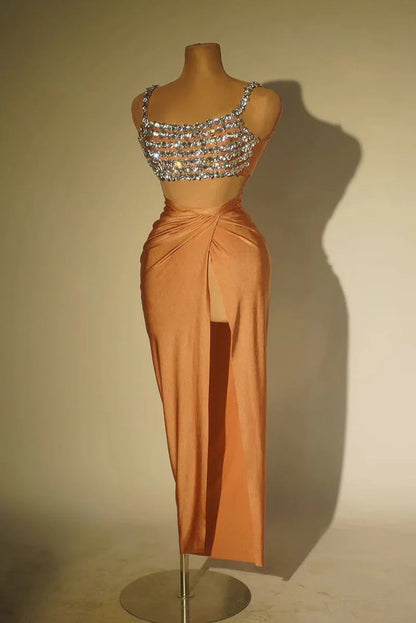 MARIE CRYSTAL EMBELLISHED SEQUIN CROP TOP AND MAXI SKIRT TWO PIECE SET BROWN