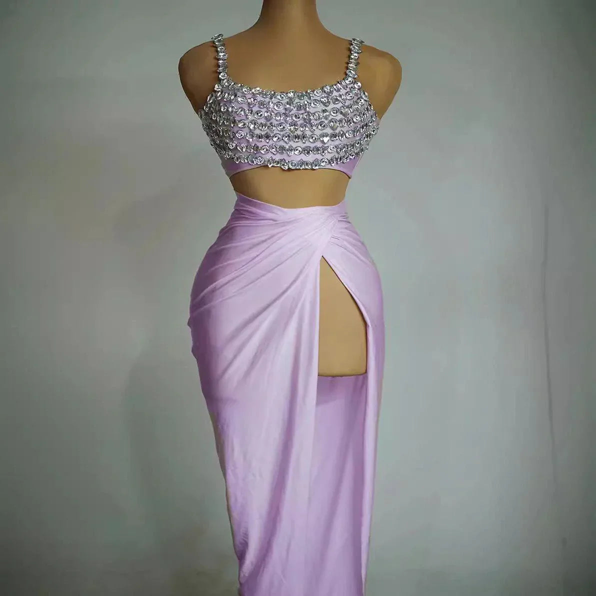 MARIE CRYSTAL EMBELLISHED SEQUIN CROP TOP AND MAXI SKIRT TWO PIECE SET L PURPL