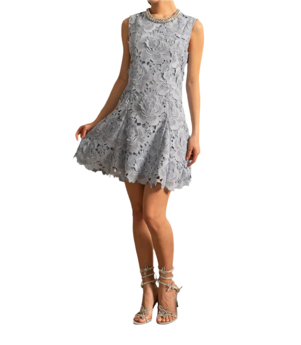 MELEK Sparkling Necklace Lace Floral Bodycon Dress