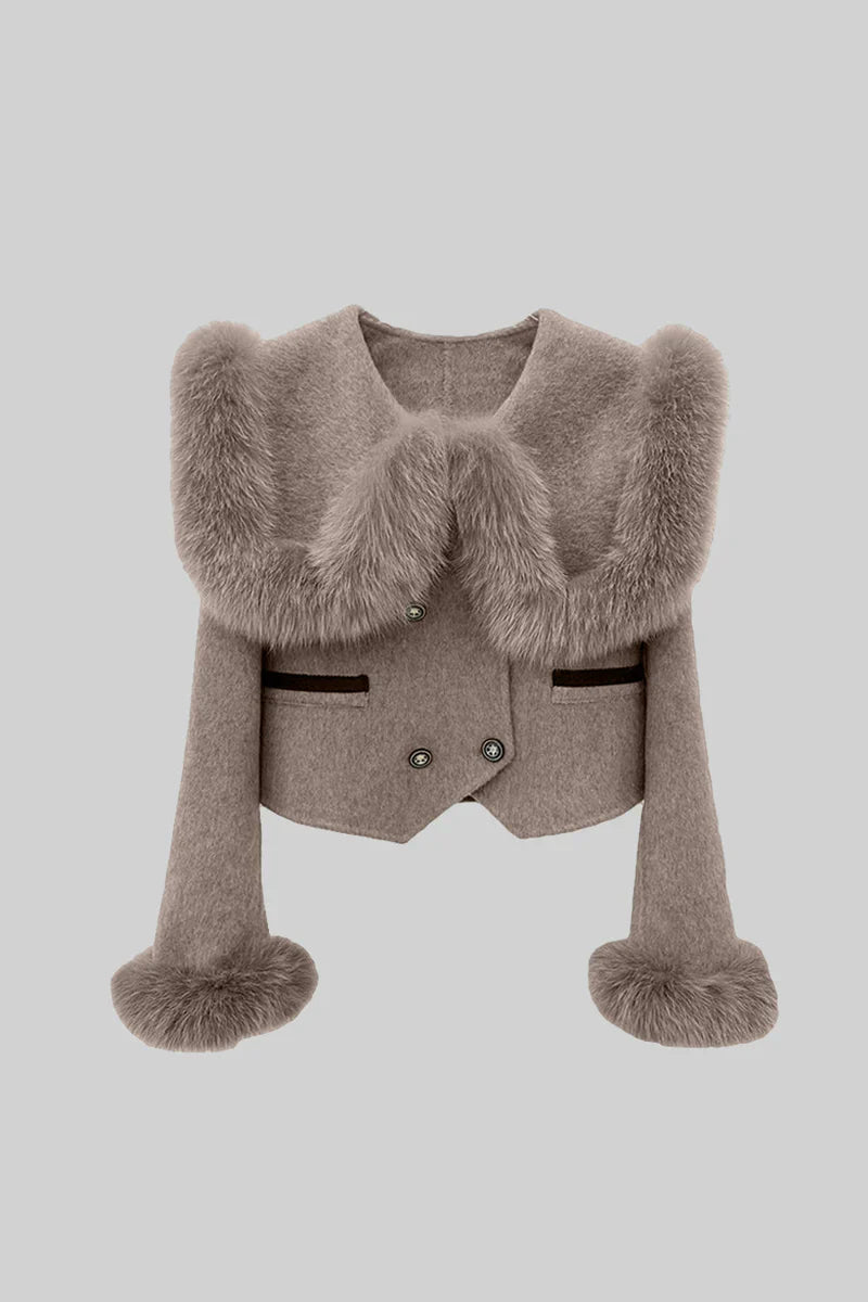 MELISA CROPPED JACKET WITH FUR COLLAR EMBELLISHMENT BROWN