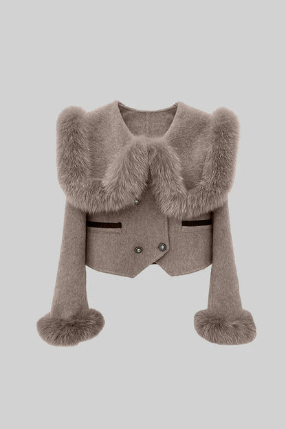 MELISA CROPPED JACKET WITH FUR COLLAR EMBELLISHMENT BROWN