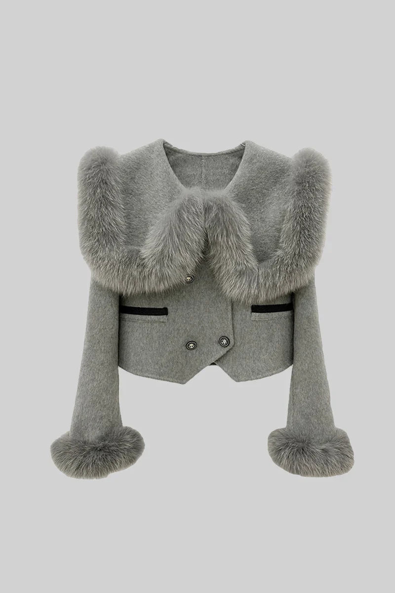 MELISA CROPPED JACKET WITH FUR COLLAR EMBELLISHMENT GREY