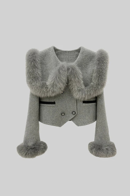 MELISA CROPPED JACKET WITH FUR COLLAR EMBELLISHMENT GREY