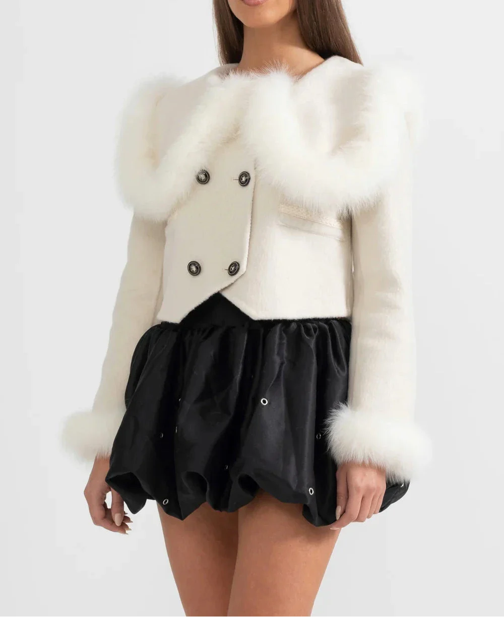 MELISA CROPPED JACKET WITH FUR COLLAR EMBELLISHMENT WHITE