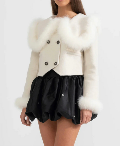 MELISA CROPPED JACKET WITH FUR COLLAR EMBELLISHMENT WHITE