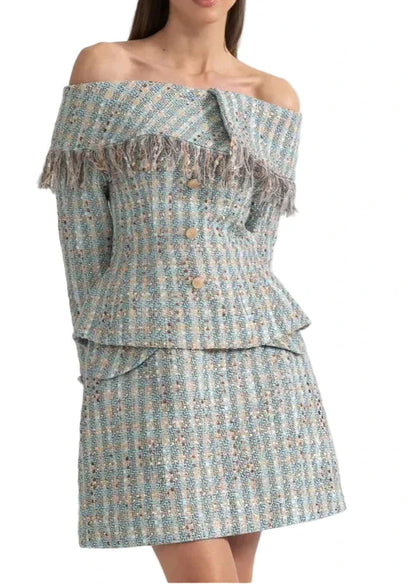 MILENKA Tweed Off Shoulder Bodycon Set