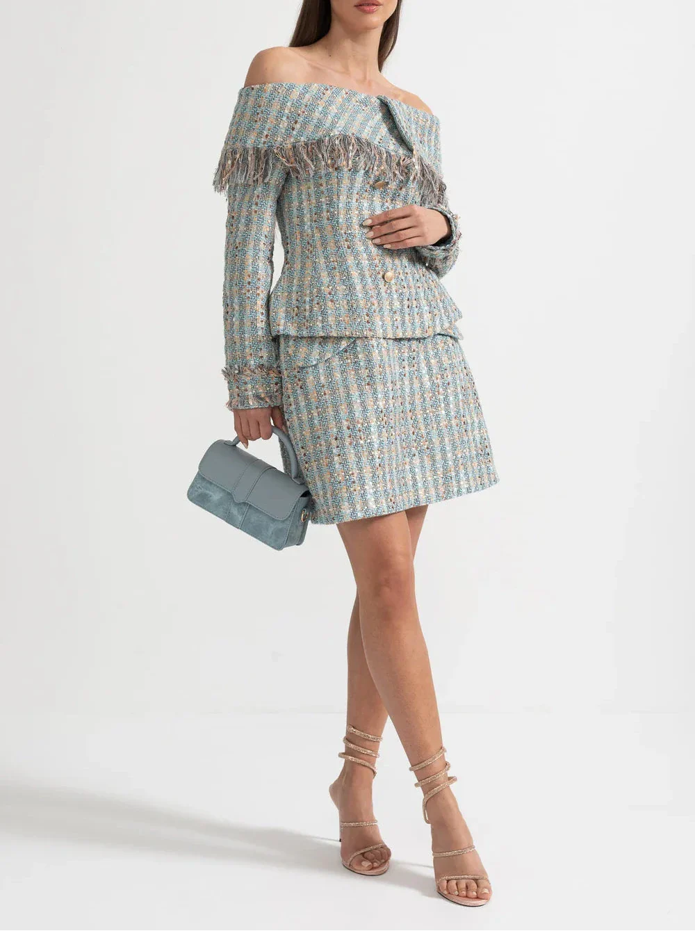 MILENKA Tweed Off Shoulder Bodycon Set