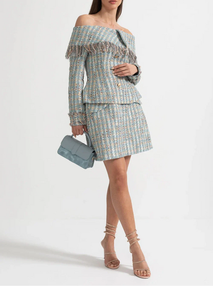 MILENKA Tweed Off Shoulder Bodycon Set