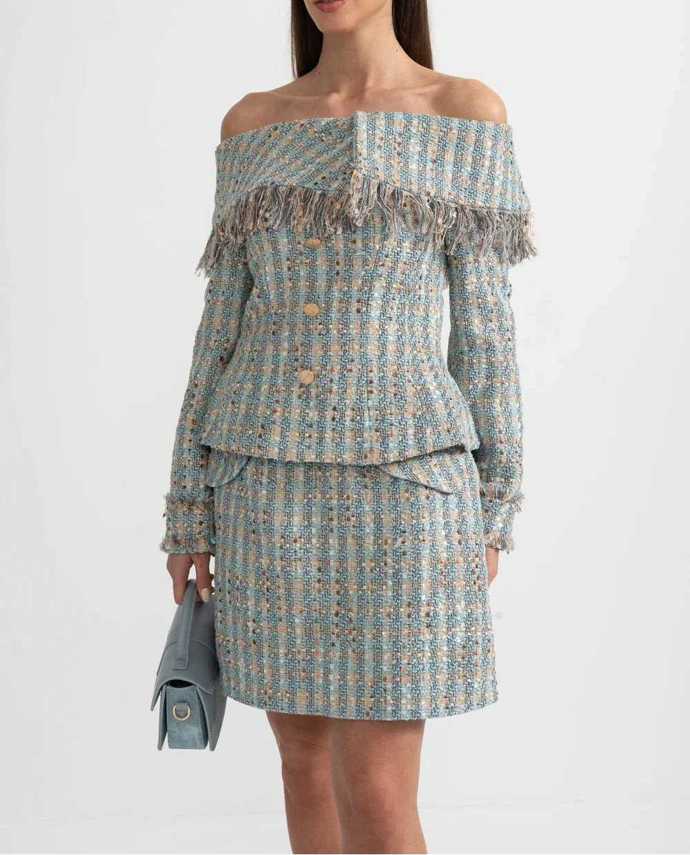 MILENKA Tweed Off Shoulder Bodycon Set