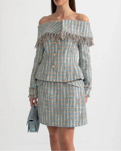 MILENKA Tweed Off Shoulder Bodycon Set