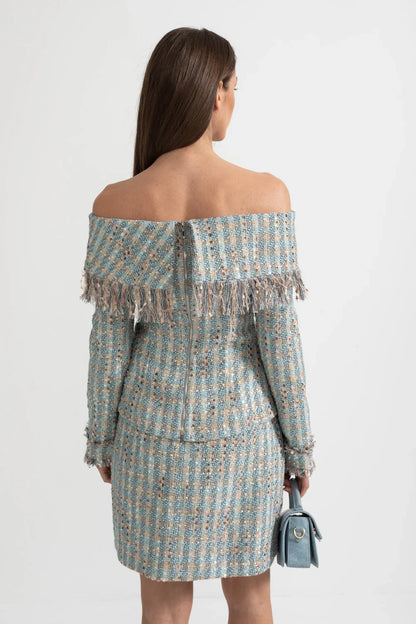 MILENKA Tweed Off Shoulder Bodycon Set