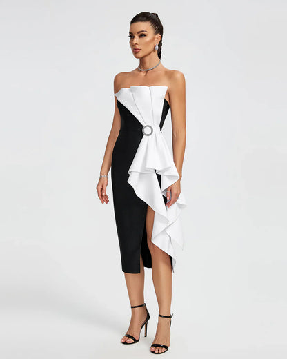 MILI Asymmetric Bow Draped Midi Bandage Dress