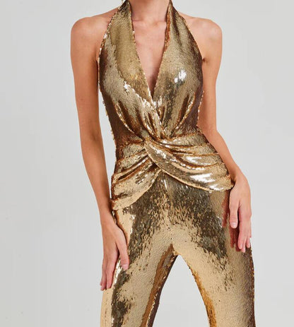 MIREYA Halter Gold Sequins Bodycon Jumpsuit