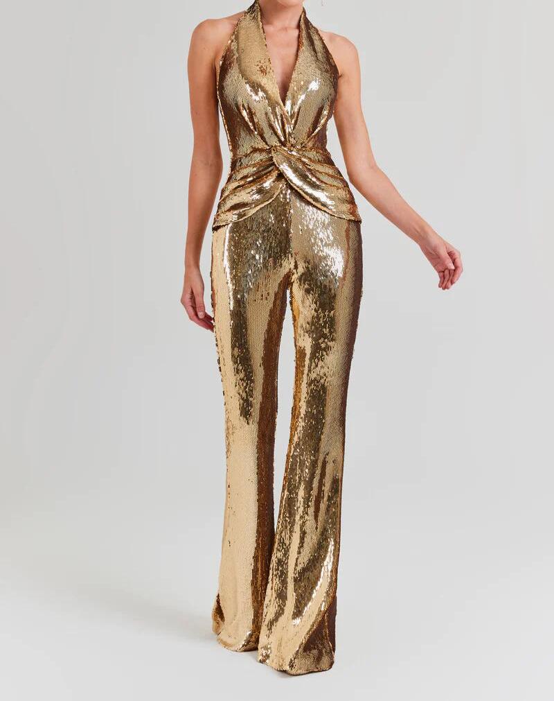 MIREYA Halter Gold Sequins Bodycon Jumpsuit