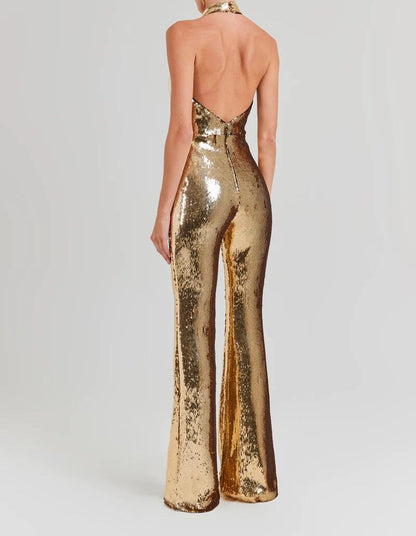 MIREYA Halter Gold Sequins Bodycon Jumpsuit