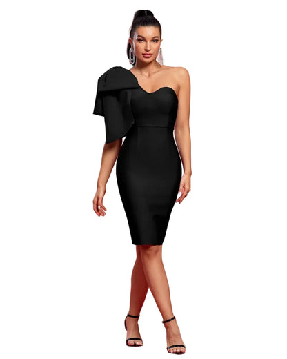 MOIRA One-Shoulder Bow Cocktail Dress BLACK
